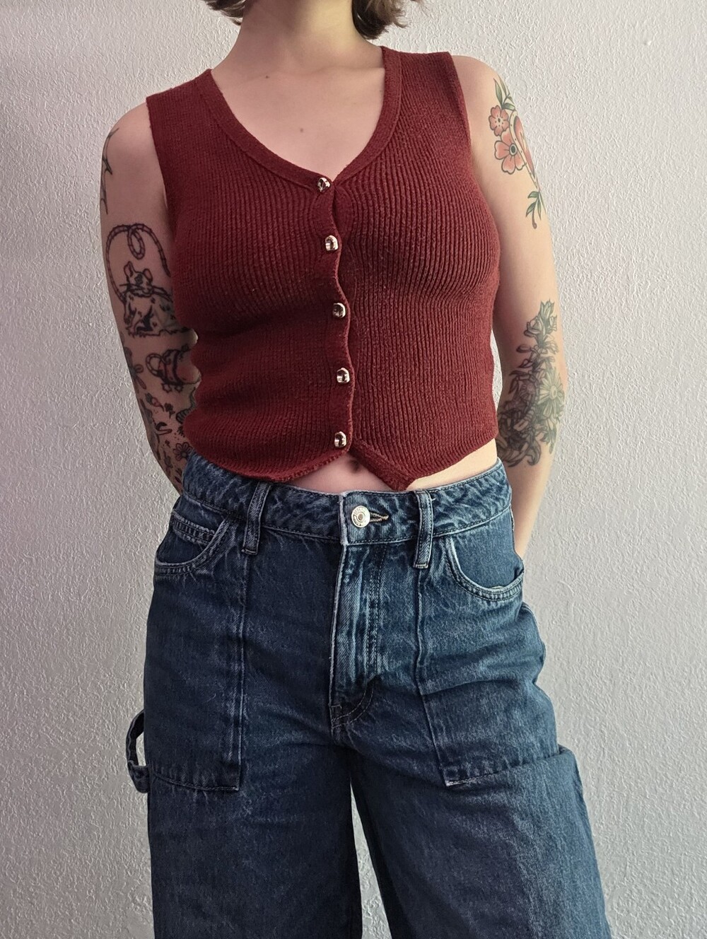 Burgundy Knit Sweater Vest With Gold Buttons